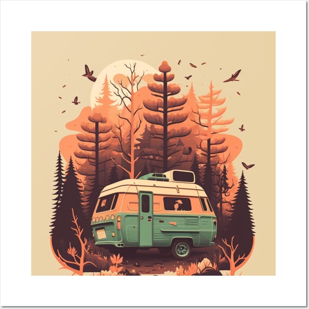 Camping Van, Autumm Adventure in the Forest Wall Art by dukito